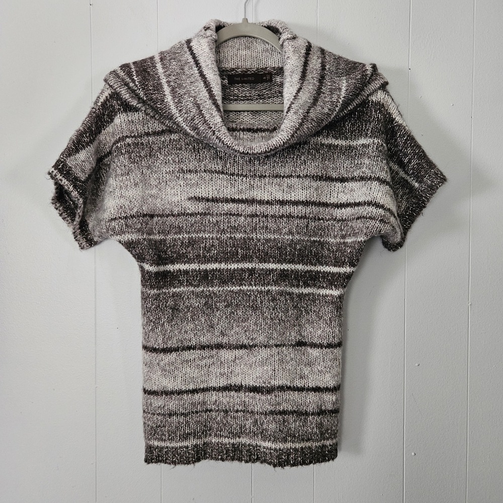 Cowl Neck Sweater Women Brown Striped Short Sleeve Wool Blend Cozy Casual